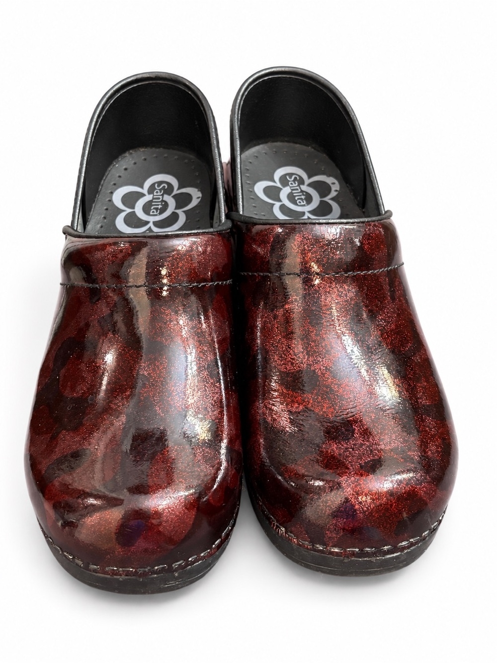Sanita Women’s Burgundy Black Camo Patent Leather Slip On Clogs Size 38 US 7 7.5